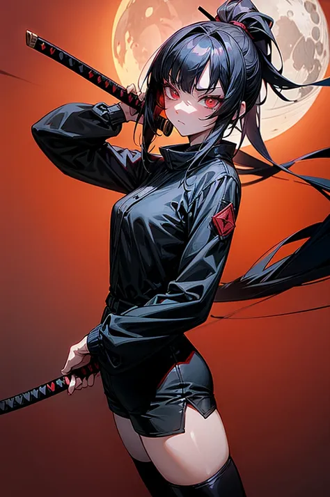 Anime lady, crimson eyes, long eyelashes, long raven black hair, long ponytail, fringe in middle of face, one strand of hair trailing down left cheek, hair framing face, black suit, black shorts, black thigh-high socks, ankle leather boots, heeled boots, c...