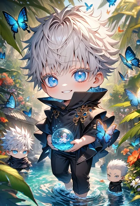 Ultra detailed, HDR, Highres, absurdres, master piece, Gojou Satoru as chibi, white hair with bangs, white eyelashes, expressive blue eyes, black clothes, black pants, Jujutsu Kaisen, flowers, butterflies, fantasy, magical, green leaves, summer, boy, cute,...