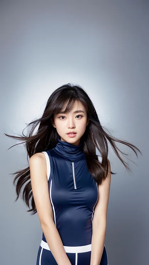 Space Background,vivid,Normal chest,((between legs)),cute,(Detailed face),Sharp Eyes,Turtleneck sleeveless sporty lightweight(Silver)Clothes,Ultra-high resolution,（Photorealistic：1.7）,Black long hair,