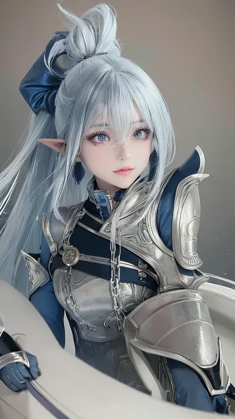 a blue-skinned elf girl with blue-grey hair tied up in a high ponytail, extremely detailed eyes,beautiful detailed purple eyes, beautiful detailed lips, wearing leather armor, action pose, fantasy, fantasy character, high quality, 8k, ultra-detailed, photo...