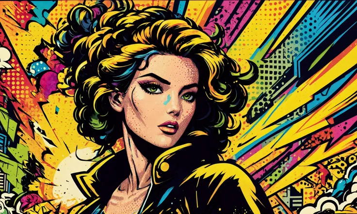 a portrait blending pop art, intricately detailed classic comic book illustrations, and graffiti style featuring a central woman...