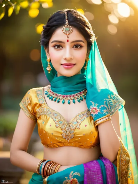 saree,posing in a colorful garden,golden sunlight,soft shadows, vibrant colors, henna tattoos, alluring eyes, seductive smile, flowing hair, elegant jewelry, intricate mehndi designs, sensual movements, graceful posture, traditional Indian earrings, pristi...