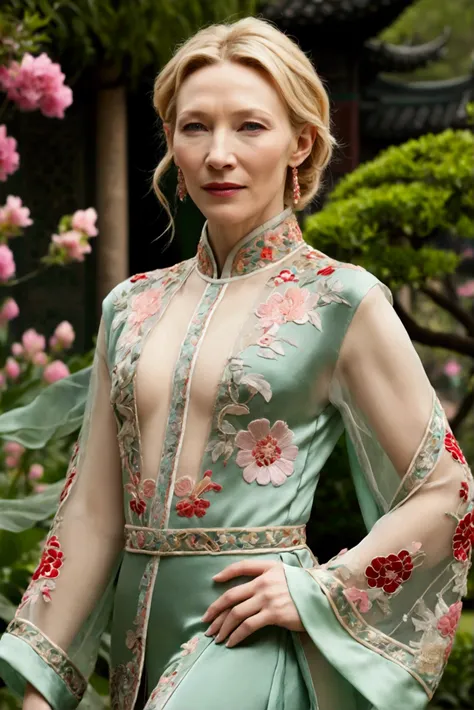 1 woman (Cate Blanchett, age 25, intricate silk Chinese dress with lots of embroidery sheer with several large slits, no underwear, traditional hairstyle and Chinese makeup) wandering through a palace garden
