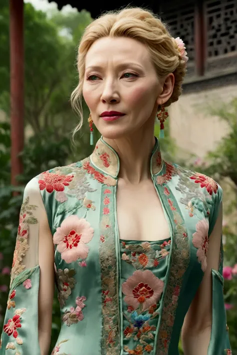 1 woman (Cate Blanchett, age 25, intricate silk Chinese dress with lots of embroidery sheer with several large slits, no underwear, traditional hairstyle and Chinese makeup) wandering through a palace garden
