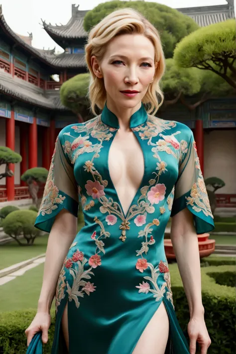 1 woman (Cate Blanchett, age 25, intricate silk Chinese dress with lots of embroidery sheer with several large slits, no underwear, traditional hairstyle and Chinese makeup) wandering through a palace garden
