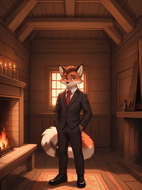 a serious expression young red fox with a fluffy tail, wearing a black suit, white shirt, red tie, elegant black shoes, light br...