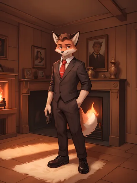 a serious expression young red fox with a fluffy tail, wearing a black suit, white shirt, red tie, elegant black shoes, light br...