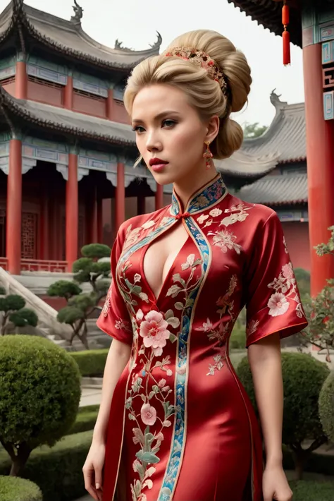 1 woman (Scarlett Johannsson, age 25, intricate silk Chinese dress with lots of embroidery sheer with several large slits, no underwear, traditional hairstyle and Chinese makeup) wandering through a palace garden
