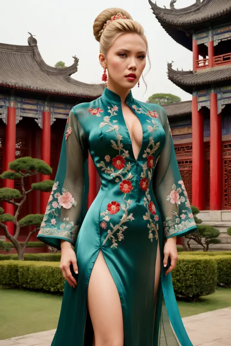 1 woman (Scarlett Johannsson, age 25, intricate silk Chinese dress with lots of embroidery sheer with several large slits, no underwear, traditional hairstyle and Chinese makeup) wandering through a palace garden
