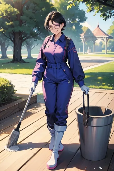 A mature woman with black hair and glasses wearing a blue long-sleeved jumpsuit, large pink rubber gloves and white rubber boots, smiling and holding a deck brush, cleaning the toilet in the park