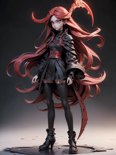 (((Best Quality))), (((Masterpiece))), (((Realistic))) ((full body shot)) slender cute  pale demon girl, pointing ears, (red colored eyes), long black hair, wearing demon armor with (intricate details) holding in her back a giant demon stylish scythe.