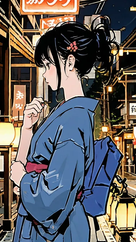 fair、shrine、yukata、black hair、profile、shortcuts、girl、night、lantern light、kyoto、gion、