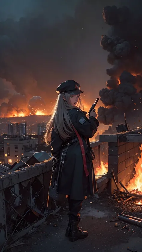 rating_safe, hk416, def, beret, solo, holding beer bottle, drunk, laughing, heavy blush, explosions, smoke, ruined buildings, burning city ruins background, explosions and flames everywhere in background, explosions, more explosions, more fire, through the...