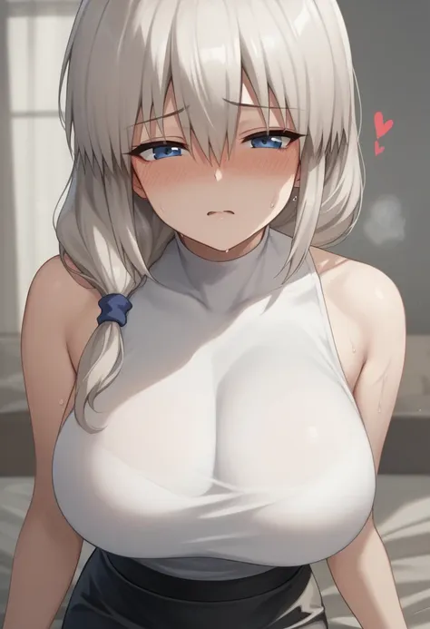 huge breasts、blush、sweat、in the heat、long white hair、braiding、uzaki_fortune、white sleeveless high neck knit(tight)、black tight s...