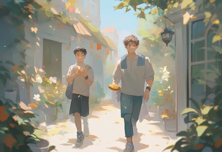 2 boys, cute face, holing hand, walking, eating coockies, light, 2 characters