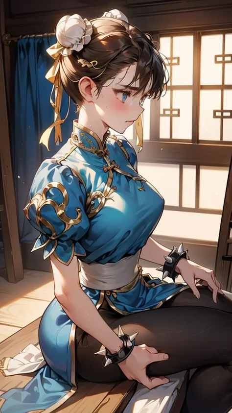 {{masterpiece}}, {{{Highest quality}}},{{Very detailed}},sf2 to,Chunli,Sitting in a chair in an office with a serious expression,profile,from side,Cowboy Shot,Focus on legs｛{{Sitting in a chair in an office with a serious expression成熟した女性}}｝,{{疲労でSweatをかいて...