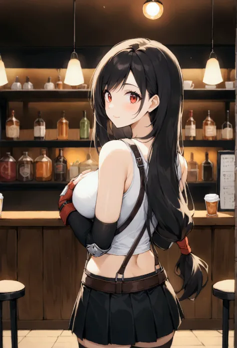 (score_9, score_8_up, score_7_up), BREAK  (masterpeace),(best quality),(aesthetic,very aesthetic),film grain,wide eyes,,1girl, tifa lockhart, final fantasy,(beautiful woman). black hair, low-tied long hair, red eyes, bangs, white tank top,gap, belt, pleate...