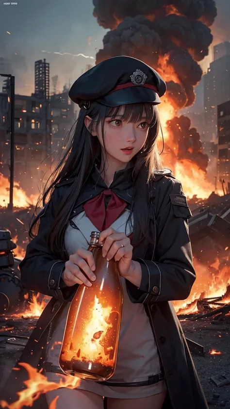 rating_safe, hk416, def, beret, solo, holding beer bottle, drunk, laughing, heavy blush, explosions, smoke, ruined buildings, burning city ruins background, explosions and flames everywhere in background, explosions, more explosions, more fire, through the...