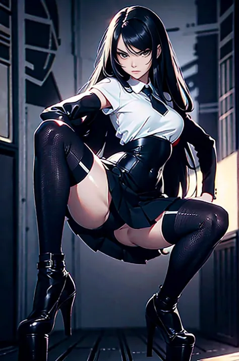 a girl with long black hair, frontal view, wearing a black short skirt, holding a bag, angry expression, abusive, (best quality,4k,8k,highres,masterpiece:1.2),ultra-detailed,(realistic,photorealistic,photo-realistic:1.37),highly detailed face and eyes,beau...