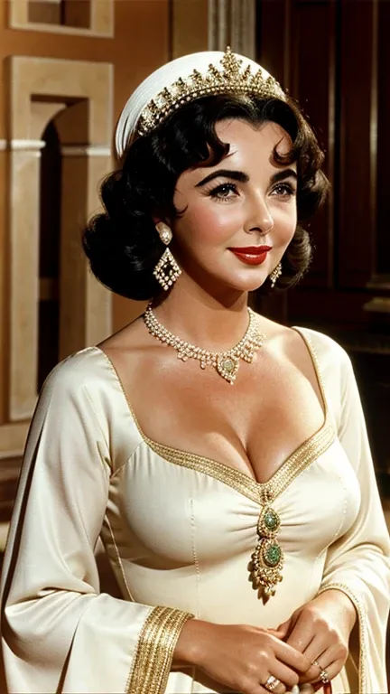 Elizabeth Taylor dressed in traditional Greek clothing wearing lipstick and smiling