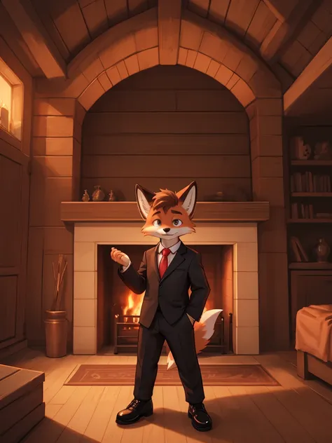 A young fox, spongy ass, with a serious expression, relaxed, with black suit, White shirt, Red tie, black elegant shoes, Light brown eyes, looking to the camera, in a wooden room with a fireplace