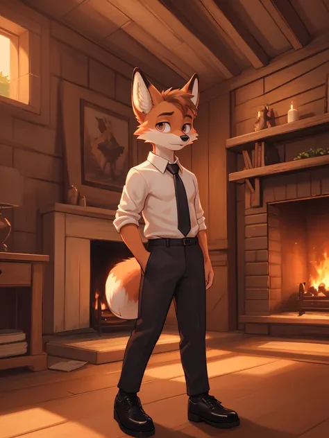 a young fox, spongy ass, with a serious expression, relaxed, with black suit, white shirt, red tie, black elegant shoes, light b...