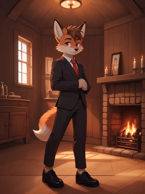 a young fox, spongy ass, with a serious expression, relaxed, with black suit, white shirt, red tie, black elegant shoes, light b...