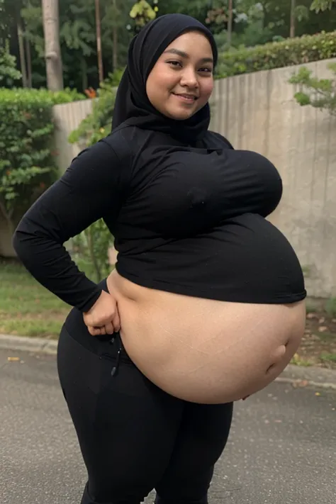 1 malay woman, wearing hijab, short woman: 150cm, attractive woman, beautiful face, smile, potrait, wearing tight long sleeve shirt, wearing tight legging pants, huge breasts, weight gain, bbw, chubby massive tights, plump body, chubby body, jiggly fat and...