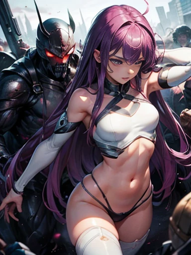 Highest quality、rape、Captured by mutants、Surrounded by mutants、defeat、Beautiful woman with very long purple hair、White Armor（Medium breast、Off the shoulder、No sleeve、No elbow pads、Belly button、High Leg、Exposed thighs）、White Armorのブーツ、Tears overflow、Frighte...