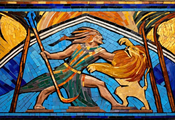 (colorful tile mosaic) A powerful nubile man with a spear battles a lion, highly stylized
