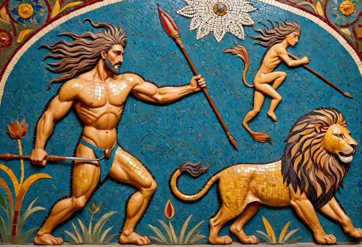 (colorful tile mosaic) A powerful nubile man with a spear battles a lion, highly stylized
