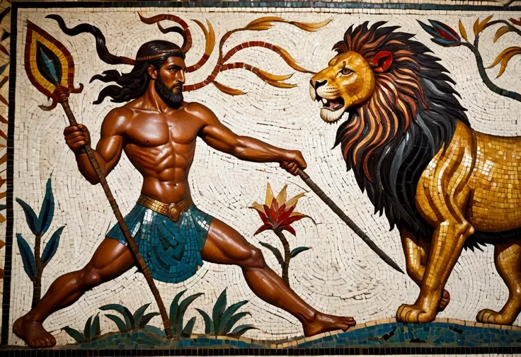 (colorful tile mosaic) A powerful nubile man with a spear battles a lion, highly stylized
