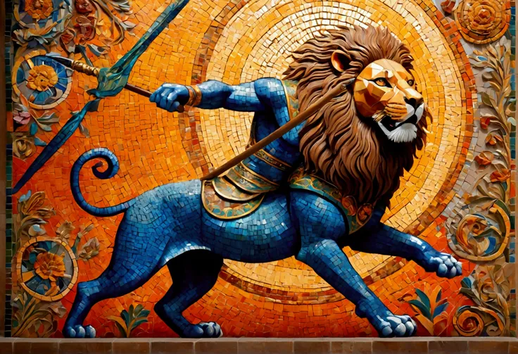 (colorful tile mosaic) A powerful nubile man with a spear battles a lion, highly stylized
