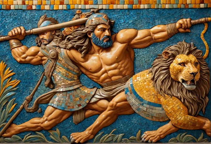 (colorful tile mosaic) A powerful nubile man with a spear battles a lion, highly stylized
