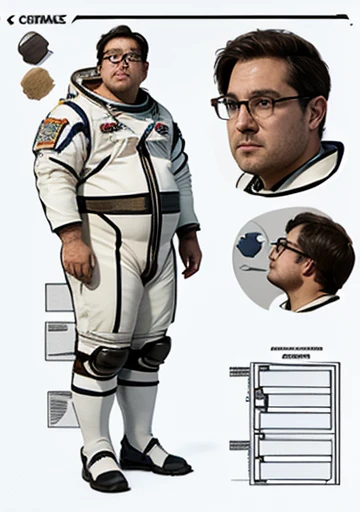 Wearing transparent red prescription glasses,(((He is very chubby and is having a meal in the cafeteria with other Astronauts))), Inside the spacecraft.Polar bear stands looking at the sky Medium muscular, frozen planet setting, snowstorm , zoomed in on cr...