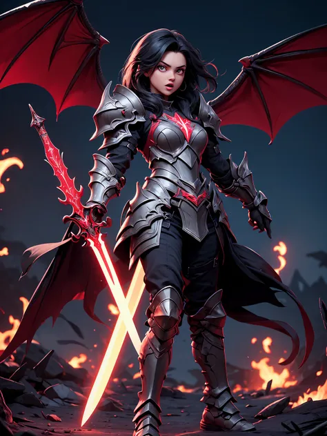 (((masterpiece, high quality, 16k))),((full-body)), 1 girl with dark dragon armor, high detailed armor,  remarcable shoulder pads, leg parts, matching parts, glowing red detail, medium black hair, detailed hair strands, red colored eyes, insane expression,...