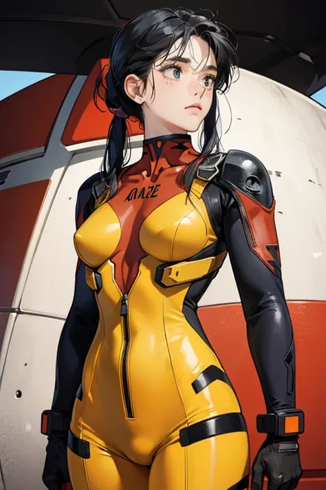 A freckled girl with black hair tied up in a yellow Evangelion plug suit