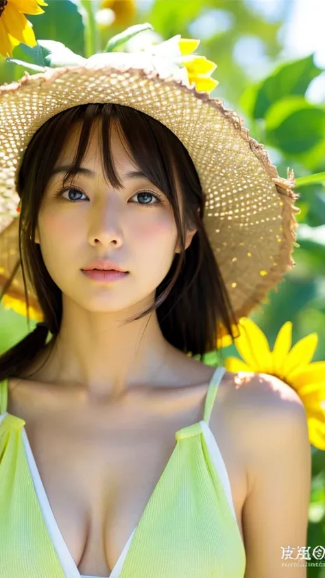 Japanese women、Clothes that do not expose skin、summer、Close-up of face and chest,sunflower
