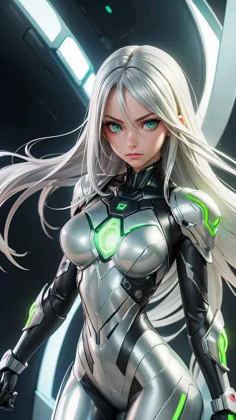 (best quality,realistic:1.37), solo female, full-body, long silver hair, light green eyes, emotionless expression, perfect face, bodysuit armor, amber glowing parts, sci-fi style, vibrant colors, futuristic lighting, detailed hair strands, metallic texture...