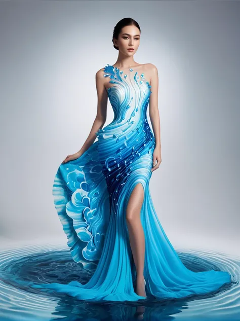 a girl，wearing a gorgeous outfit made of water，exquisite dress，elegant water dress，gorgeous and elegant，luxurious clothing，inspi...