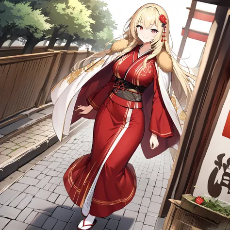 a woman wearing a long-sleeved white yukata, golden leather designs on the yukata, red fur cape on the shoulders, standing, whit...