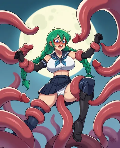 One Woman、Braided twin tails、Huge breasts、（Huge breasts：1.8)、Glasses、blue eyes、Green Hair、,((Sailor Warriorini skirt))、((Embarrassed expression))、((full moon))、((Picture below))、((Thigh-high boots))、((length))、((White length Gloves))、((White panties))Iron ...