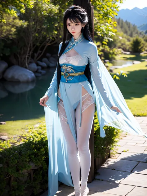 xian xia，fairy，25 years old，traditional chinese appearance，long white blue hair，blue eyes，height 1.75 meters，weight 54 kg，golden...