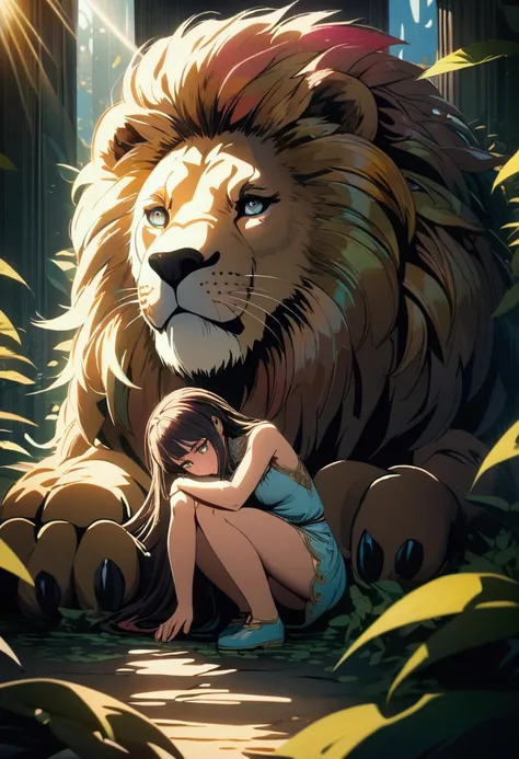 A crouching girl with a sad expression, a large lion comforting her, intricate detailed face, beautiful eyes, long eyelashes, delicate features, detailed skin texture, ornate background, sunlight filtering through leaves, cinematic lighting, vibrant colors...