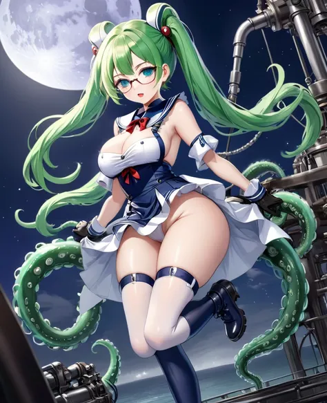 One Woman、Braided twin tails、Huge breasts、（Huge breasts：1.8)、Glasses、blue eyes、Green Hair、,((Sailor Warriorini skirt))、((Embarrassed expression))、((full moon))、((Picture below))、((Thigh-high boots))、((length))、((White length Gloves))、((White panties))Iron ...