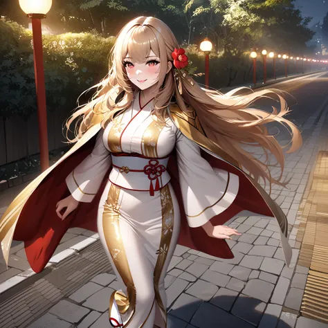 A woman wearing a long-sleeved white yukata, golden leather designs on the yukata, red fur cape on the shoulders, standing, white socks, Japanese slippers, walking on a traditional Japanese sidewalk, daytime, with trees around, breasts big, blonde hair, re...