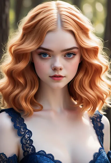 Beautiful boho women stunning merge of Elle Fanning. with Navy-blue-dress. blue lace. copper colored hair that is coarse, wiry, and tightly curled. It often has a rough texture, feels stiff to the touch, and may be prone to frizz and tangling. The curls ca...