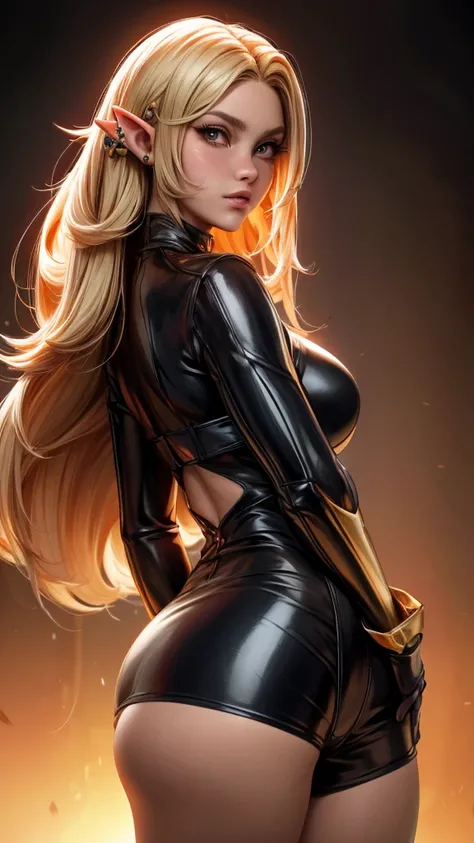 ((masterpiece, best-quality, ultra_detailed)), female elf dressed in latex booty shorts, gorgeous, attractive, african, voluptuous, ample hips, insanelydetailedaccentuatedbigbooty, ((flirty)), looking at viewer, portrait, photography, detailed skin, Realis...