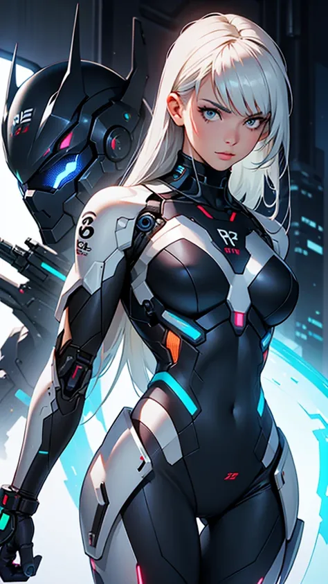 Beautiful cybernetic girl looking at camera in mobile cybernetic battle suit detailed muscles realistic masterpieces full figure pose