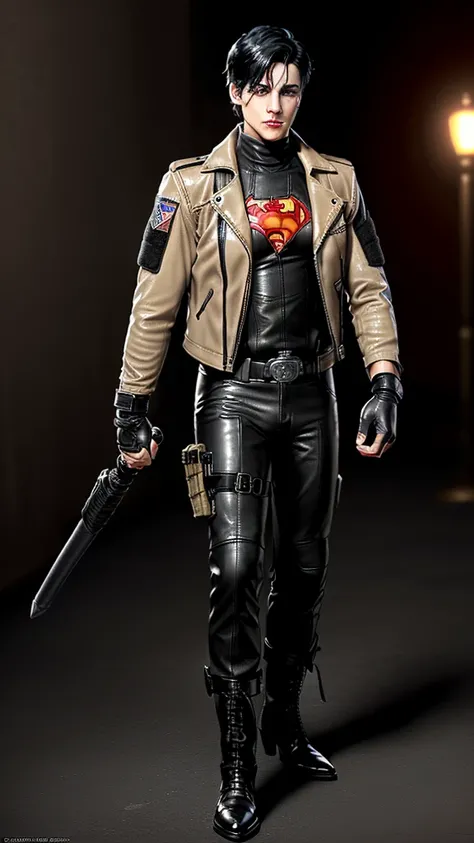 ((American comic hero)),,((jason todd)),((young cute and cool ikemen  boy)),((black hair)),((very cool guy)), ((face is no paint and no mask)),,his age is early 20s, thin eyebrows and beady eyes, ((he is wearing light beige color thick leather jacket)),((j...